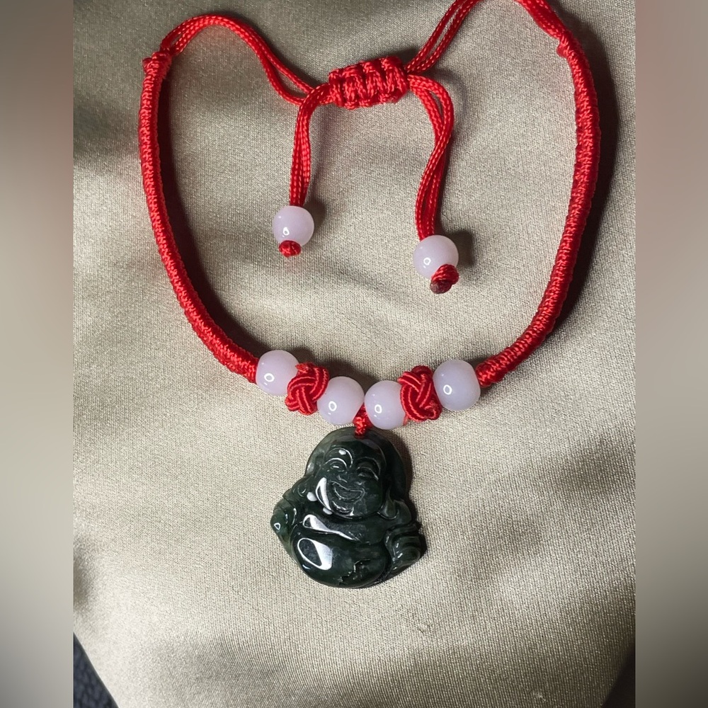 Happy little Jade Buddha On red nylon braided string with rose quartz beads